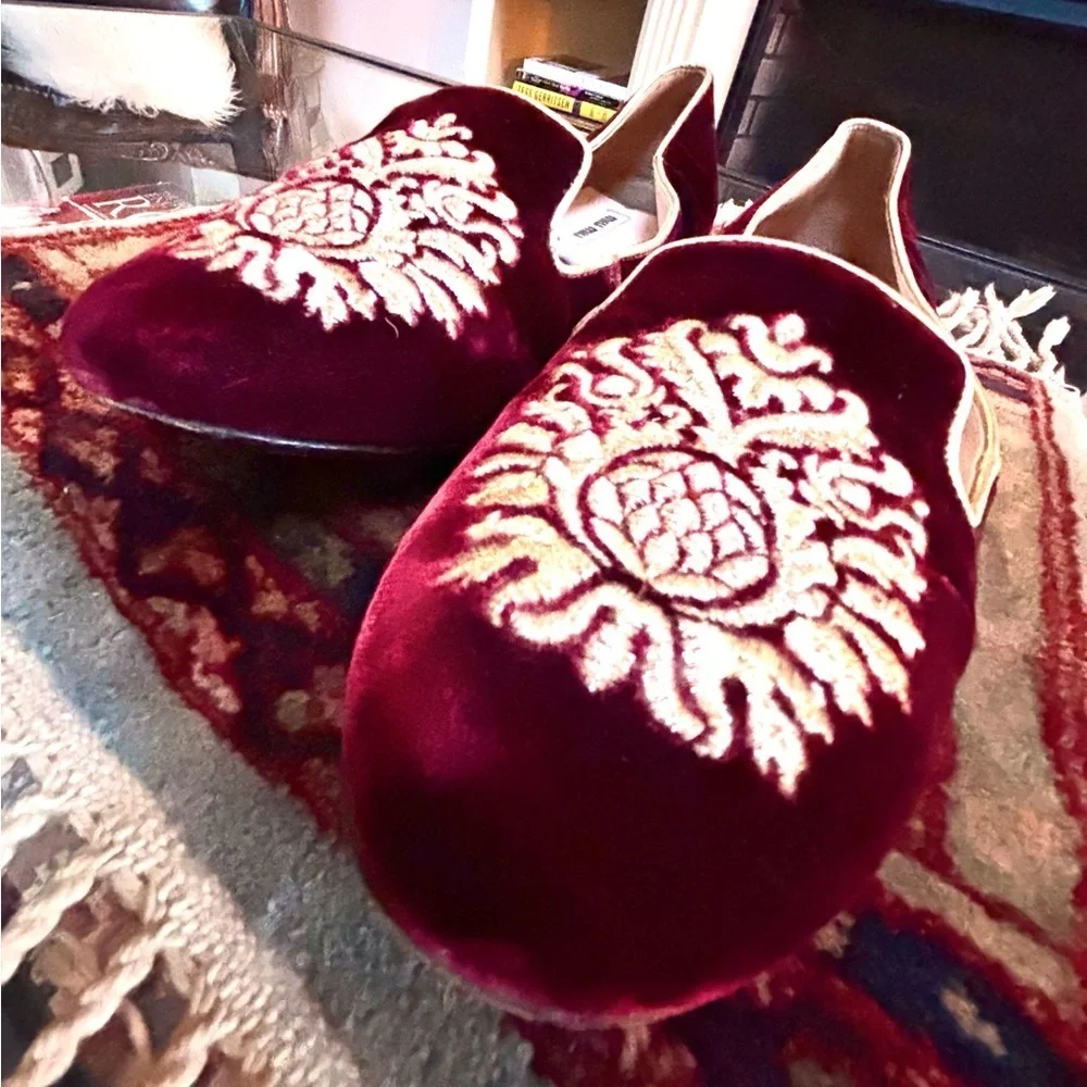 Miu Miu x Prada 👑✨ Vintage Burgundy Velvet Crest Smoking Slippers